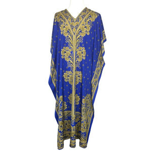Sante Vintage Kaftan Maxi Womens OS Blue Gold Embellished Silky Exotic Boho